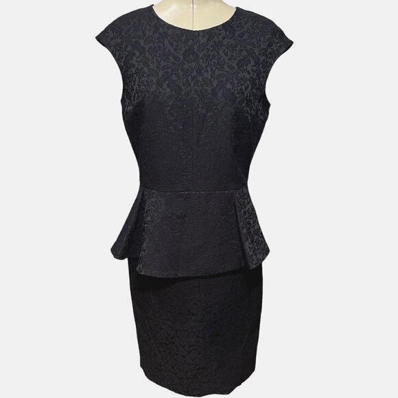 ZARA Basic Black Jacquard Pencil Sheath Dress Women Medium Peplum Cocktail Party - Picture 6 of 12